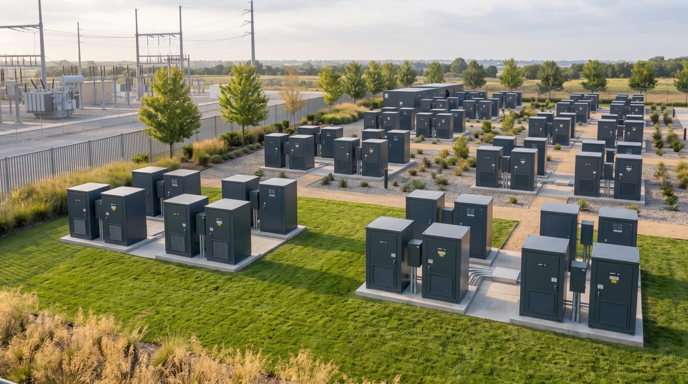 Speichercontainer und Transformatorstation eines Batteriegroßspeichers